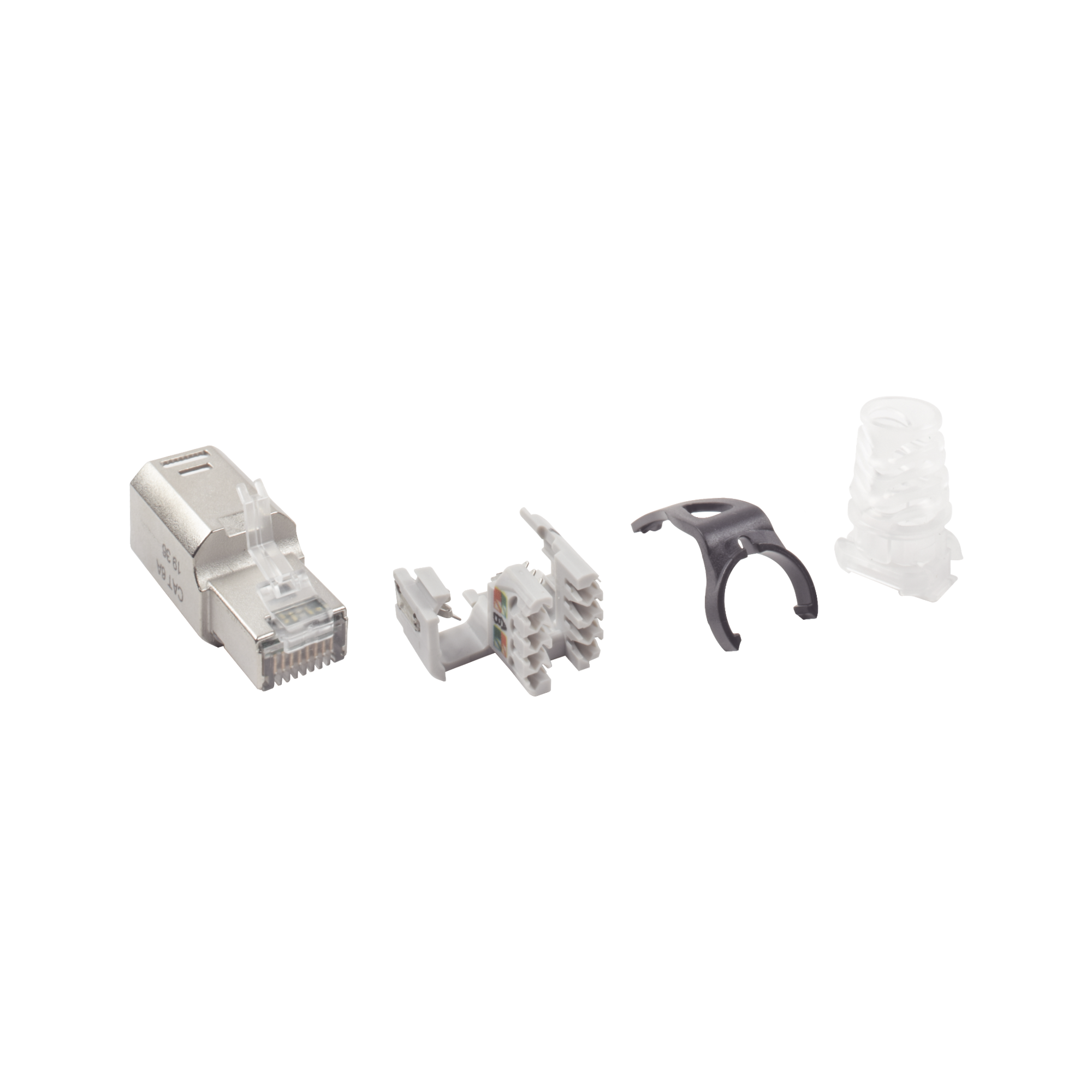 Plug RJ45 Cat6A Blindado, Terminación en Campo, Compatible con Todas las Categorías, Con Clip Protector de Seguro Plug RJ45 Cat6A Blindado, Terminación en Campo, Compatible con Todas las Categorías, Con Clip Protector de Seguro